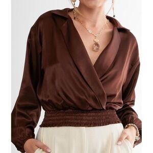 NWT Red by BKE Brown Satin Wrap Blouse Smocked Waist Long Sleeve Top Small